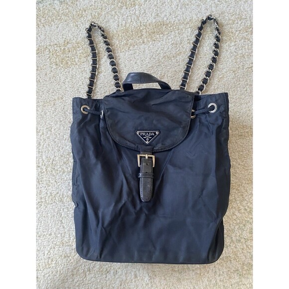Authentic PRADA TESSUTO SILVER CHAIN / Leather Nylon Backpack - Black Silver - Picture 1 of 16